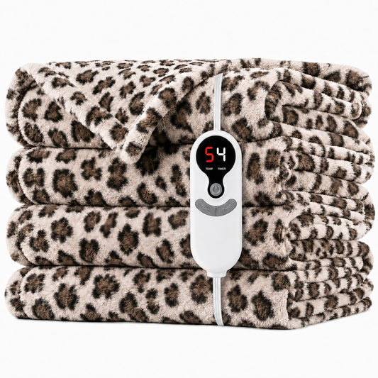 SUNNY HEAT Electric Blanket Heated Throw 50" x 60" -Fast Heating 9 Levels & 10H Auto off, Warm Soft Fannel Machine Washable, for Bed/Couch/Office, Beige Leopard Print