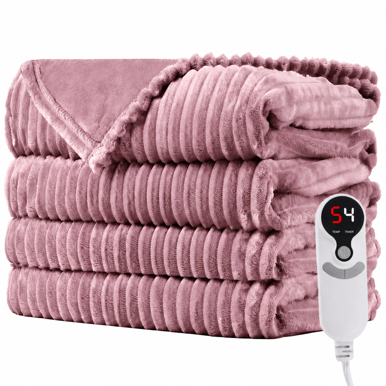 SUNNY HEAT Heated Electric Blanket Ribbed Flannel 50"x60" Throw Size - 9 Heating Levels & 1-10 Hours Auto Off, Thick and Warm Washable - Dusty Pink
