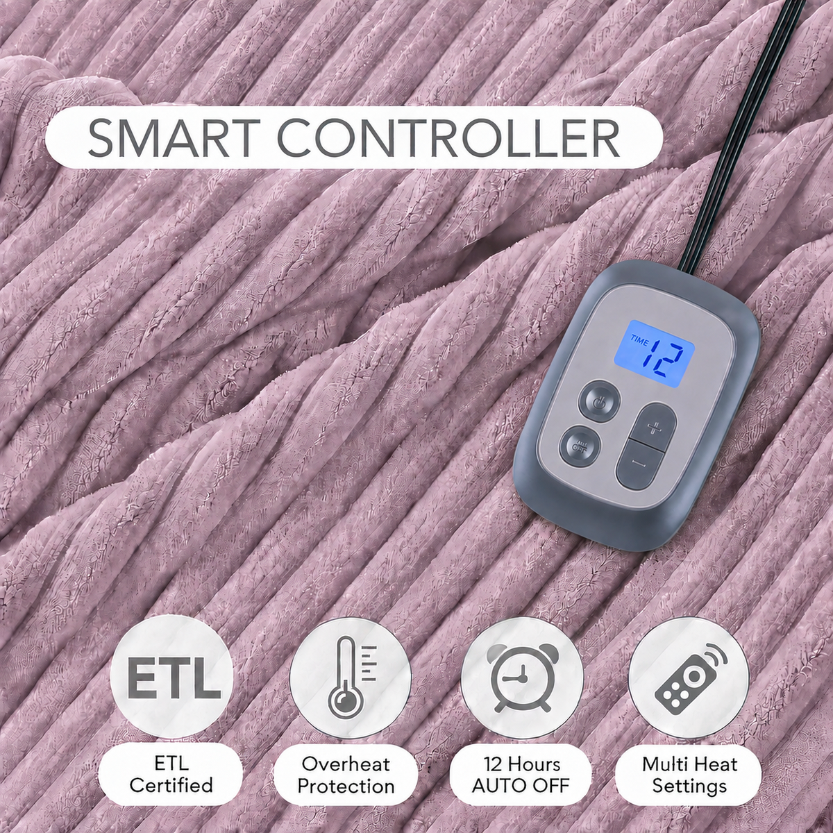 Heated Electric Blanket Ribbed Flannel 72"x84" Full Size - 10 Heating Settings & 12 Hours Auto off, Thick and Warm Washable - Purple