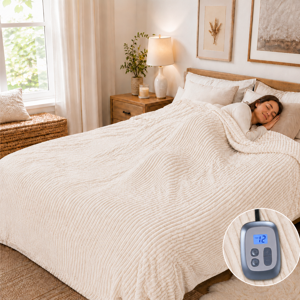 SUNNY HEAT Heated Electric Blanket Ribbed Flannel 72"x84" Full Size - 10 Heating Settings & 2/4/6/8/10/12 Hours Auto off, Thick and Warm Washable - White
