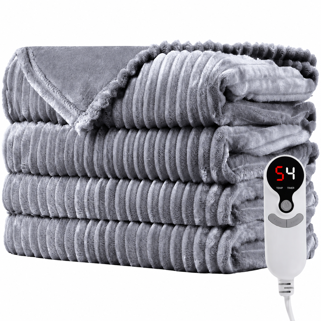 SUNNY HEAT Heated Electric Blanket Ribbed Flannel 50"x60" Throw Size - 9 Heating Levels & 1-10 Hours Auto Off, Thick and Warm Washable - Gray