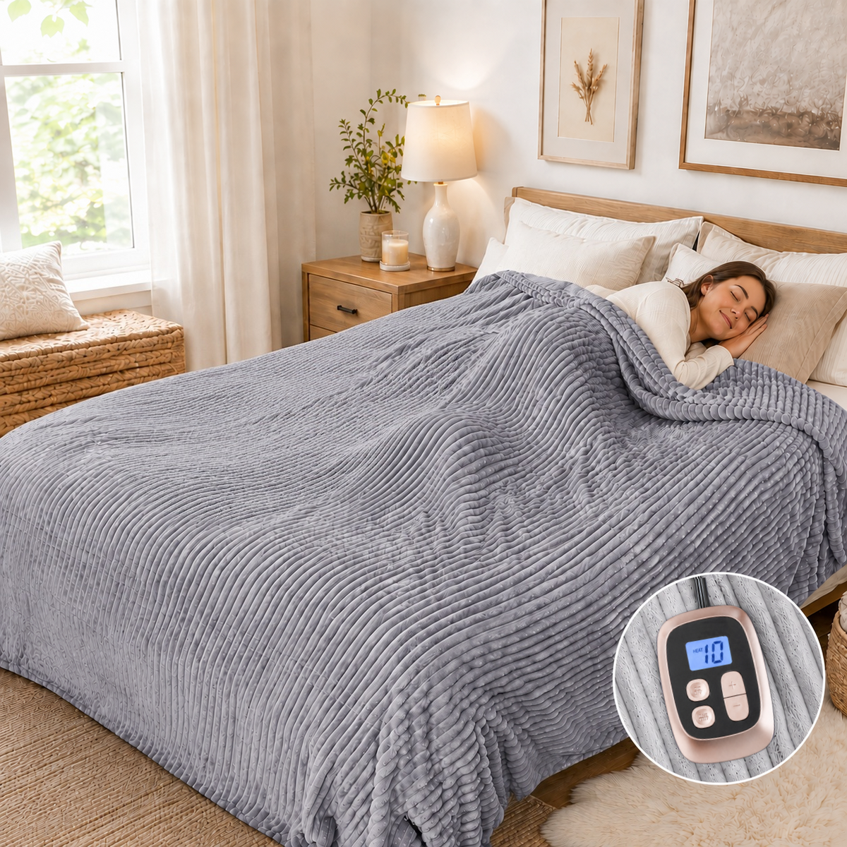 SUNNY HEAT Heated Electric Blanket Soft Flannel Full Size 72" x 84", Fast Heat, 10 Heating Settings & 12 Hours Auto Shut-off, Grey
