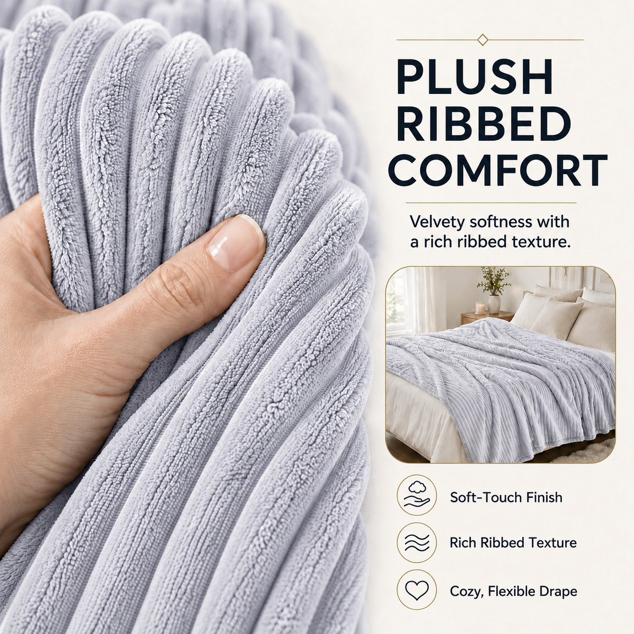 SUNNY HEAT Heated Electric Blanket Ribbed Flannel 84"x90" Queen Size - 10 Heating Settings & 2/4/6/8/10/12 Hours Auto off, Quick Heating Washable - Light Grey