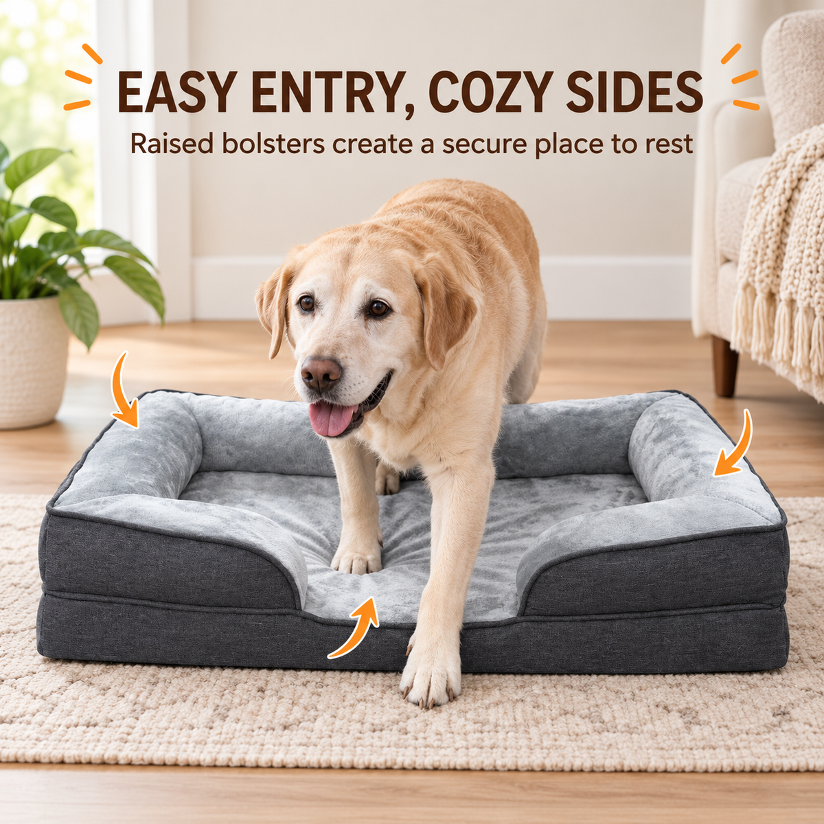 SUNNY HEAT Orthopedic Dog Bed for large Dogs, in Egg Crate Foam Pet Bed with Soft Flannel Surface, Durable Oxford Fabric Puppy Bed,  Dog Couch Bed,with Bolster Sides, Non-Skid, Gray