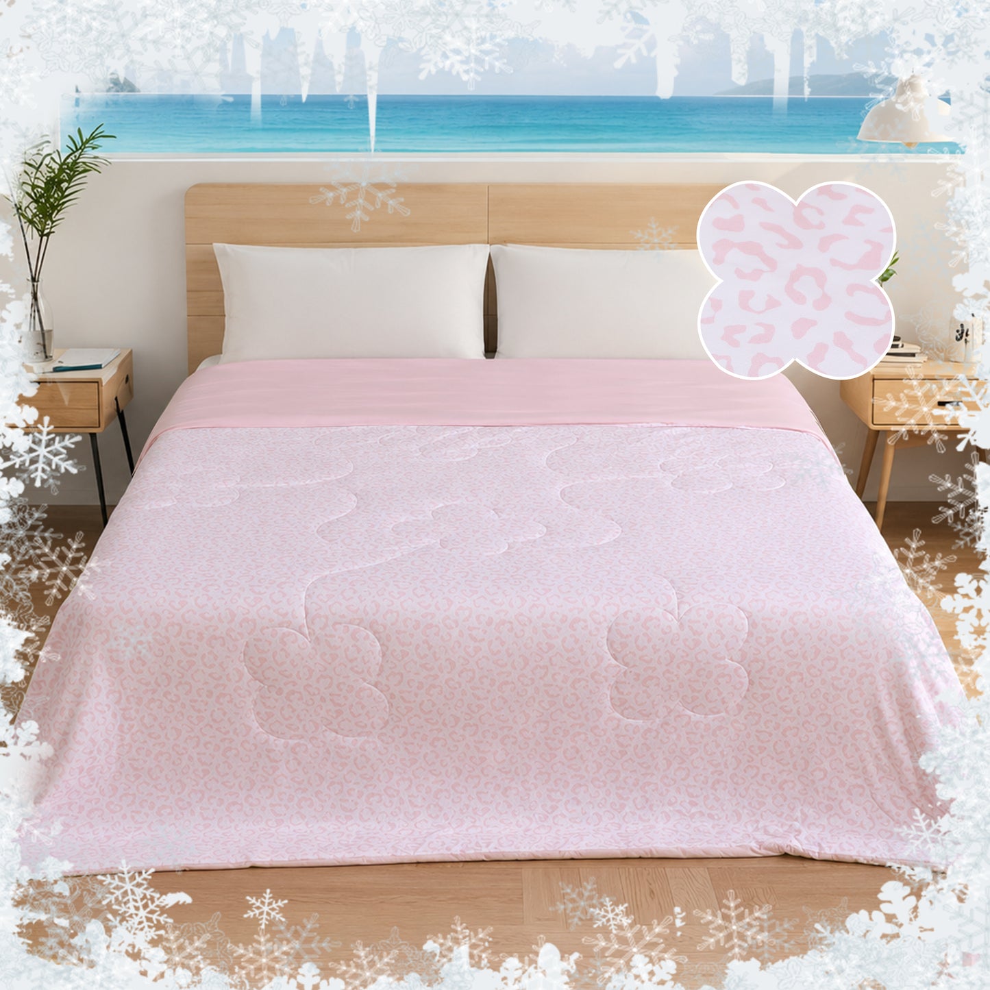 SUNNY HEAT Cooling Summer Comforter Queen Size 90"x90", Cooling Blanket for Hot Sleepers, Lightweight Breathable Double-Sided Quilt, Leopard Ice Pink