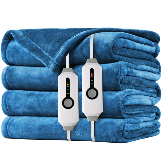SUNNY HEAT Electric Heated Blanket Flannel Queen Size 84" x 90", 4 Heating Settings & 10 Hours Auto Off, Cozy Dual Control, Blue