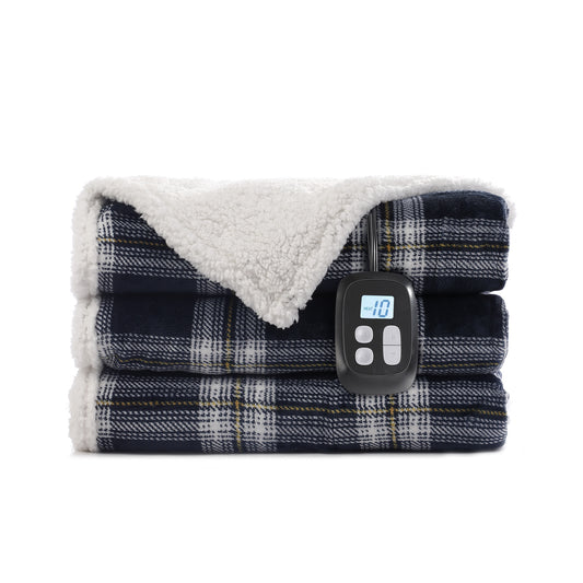 SUNNY HEAT Electric Heated Blanket 72"x84" Full Size, 10 Heating Levels & 12 H Auto Shut Off, Cotton & Microplush Plaid, Dark Blue & White
