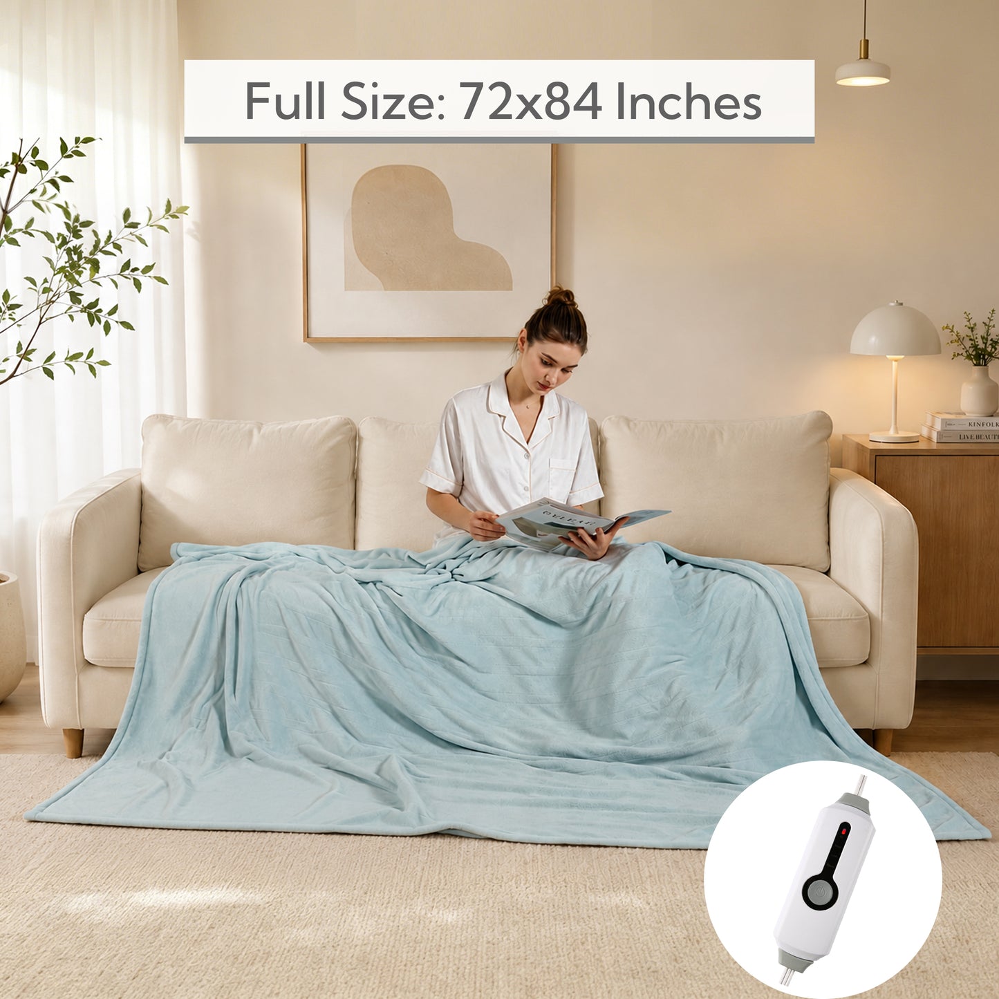 SUNNY HEAT Electric Heated Blanket Full Size 72" x 84" Soft Flannel with 4 Levels Heating & 10Hs Auto off, Machine Washable, Spa Green
