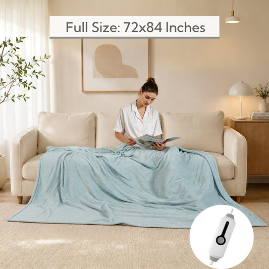 SUNNY HEAT Electric Heated Blanket Full Size 72" x 84" Soft Flannel with 4 Levels Heating & 10Hs Auto off, Machine Washable, Spa Green