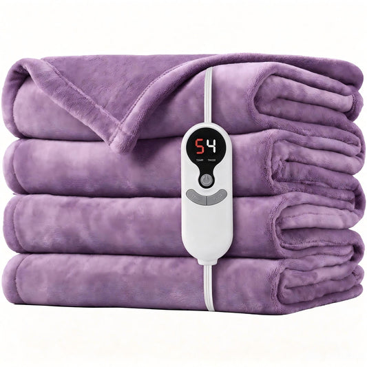 SUNNY HEAT Electric Blanket Heated Throw 50" x 60" -Fast Heating 9 Levels & 10H Auto off, Warm Soft Fannel Machine Washable, for Bed/Couch/Office, Dark Purple
