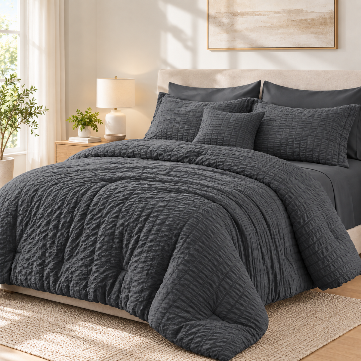 SUNNY HEAT Queen Size 8 Piece Seersucker Comforter Set, Soft Lightweight Bed in a Bag, Breathable All Season Bedding with Sheets, Pillowcases & Shams, Dark Grey