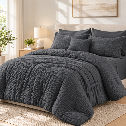 SUNNY HEAT Queen Size 8 Piece Seersucker Comforter Set, Soft Lightweight Bed in a Bag, Breathable All Season Bedding with Sheets, Pillowcases & Shams, Dark Grey
