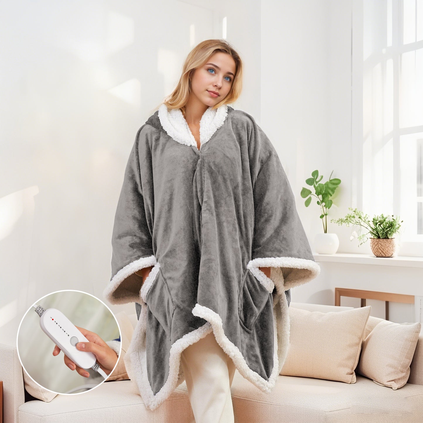 SUNNY HEAT Wearable Electric Heated Blanket 56"x63" , Soft Flanne & Cotton Fleecel,Warm and Cozy, Bed, Sofa,Travel Use,Light grey