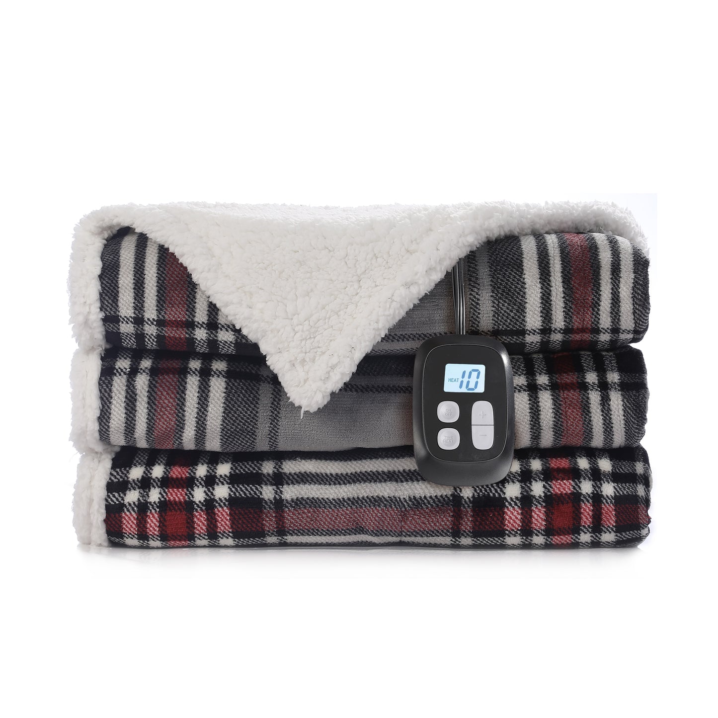 SUNNY HEAT Electric Heated Blanket 72"x84" Full Size, 10 Heating Levels & 12 H Auto Shut Off, Cotton & Microplush Plaid, Gray & Red
