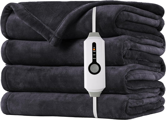 SUNNY HEAT Electric Heated Blanket Flannel 72" x 84" Full Size-4 Heating Settings & 10 Hours Auto Off, Warm Machine Washable- Dark Grey