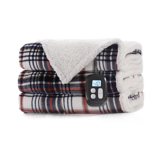 SUNNY HEAT Electric Heated Blanket 72"x84" Full Size, 10 Heating Levels & 12 H Auto Shut Off, Cotton & Microplush Plaid, Blue & White