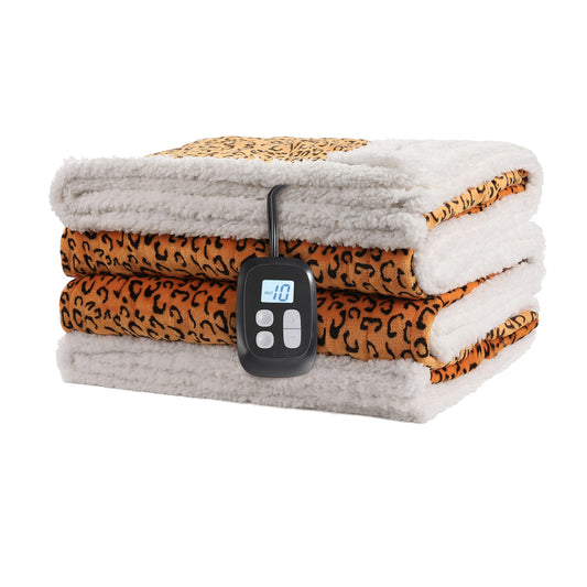 SUNNY HEAT Heated Electric Blanket Full Size 72'' x 84'' 6 Heating Levels & 1-10 Hours Auto Off , Leopard Black & Yellow