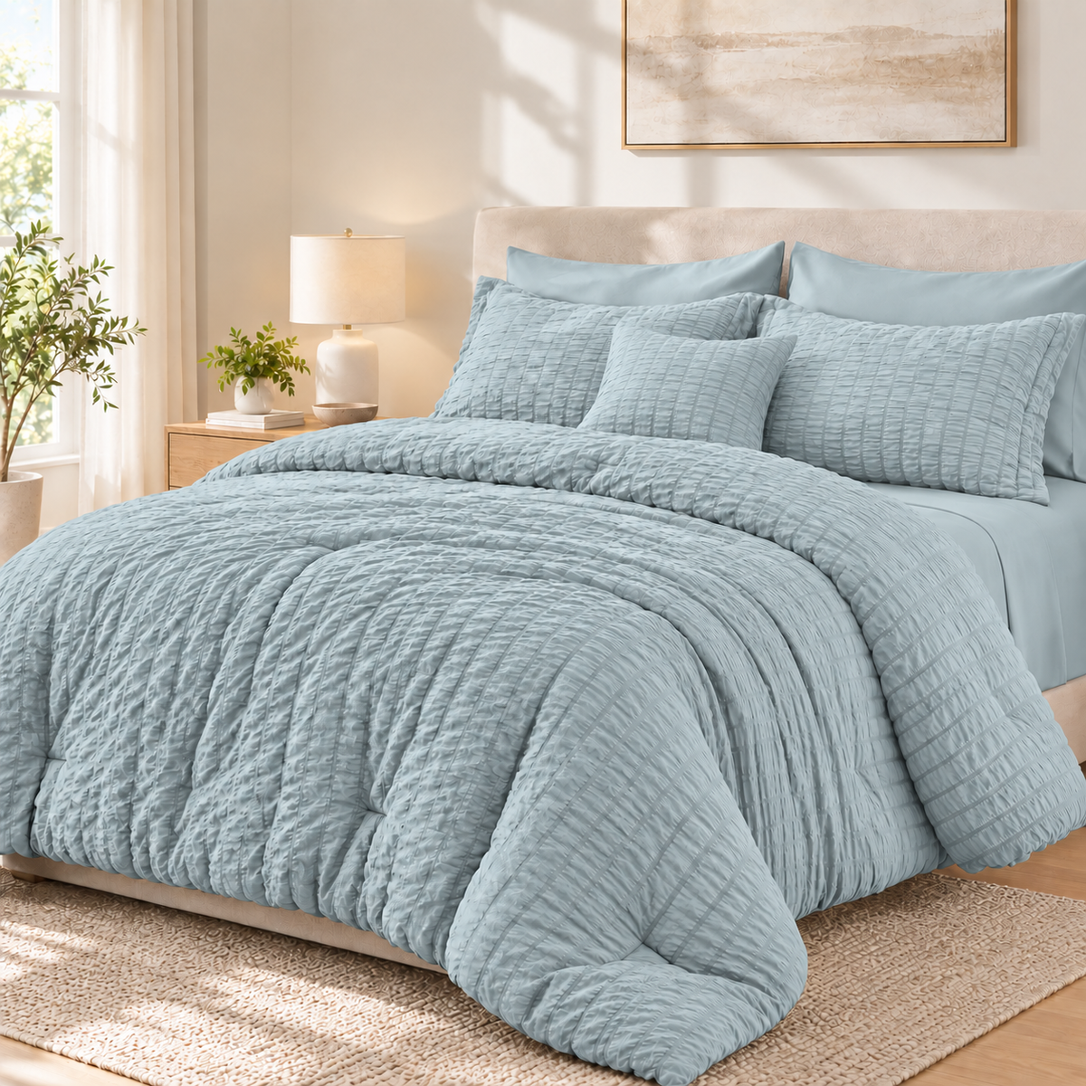 SUNNY HEAT Queen Size 8 Piece Seersucker Comforter Set, Soft Lightweight Bed in a Bag, Breathable All Season Bedding with Sheets, Pillowcases & Shams,Light Blue