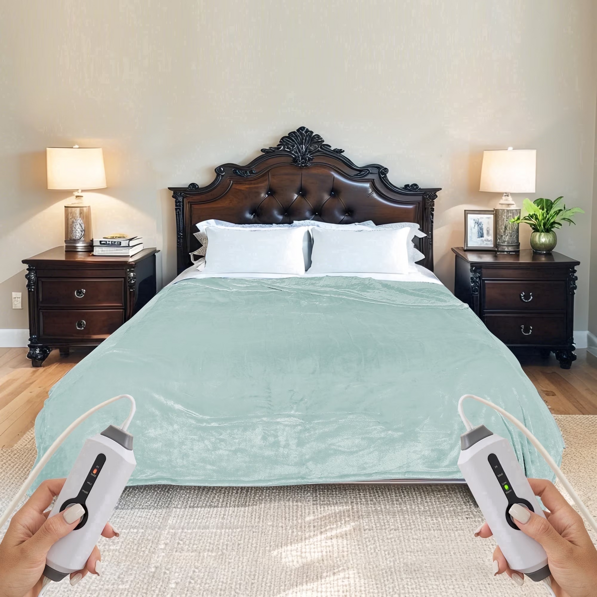 SUNNY HEAT Electric Heated Blanket Queen Size 84" x 90" Soft Flannel with 4 Levels Heating & 10Hs Auto off, Dual Controllers, Machine Washable, Spa Green