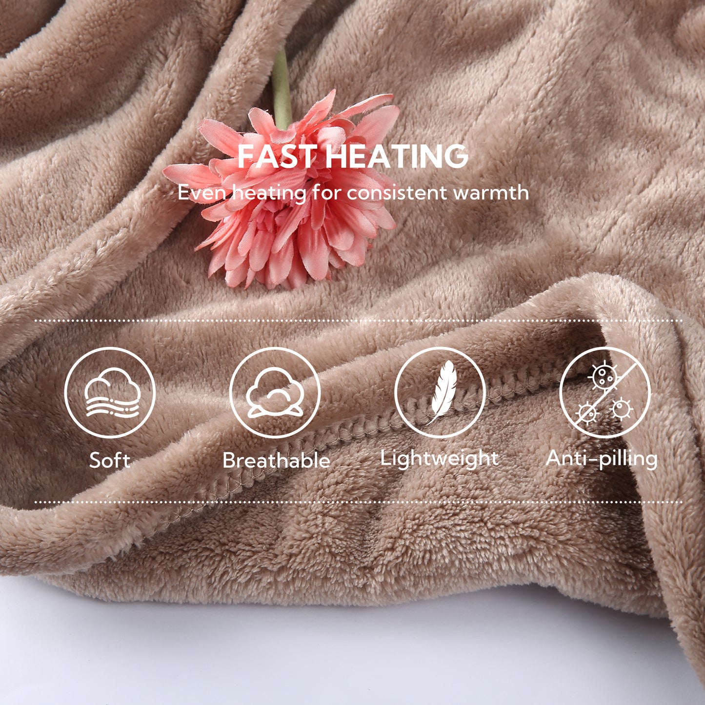 Electric Heated Blanket 72'' x 84'', Soft and Lightweight Plush Double-Sided Flannel Electric Blanket, Camel