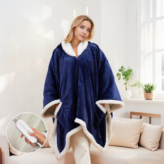 SUNNY HEAT Wearable Electric Heated Blanket 56"x63" , Soft Flanne & Cotton Fleecel,Warm and Cozy, Bed, Sofa,Travel Use,Navy blue