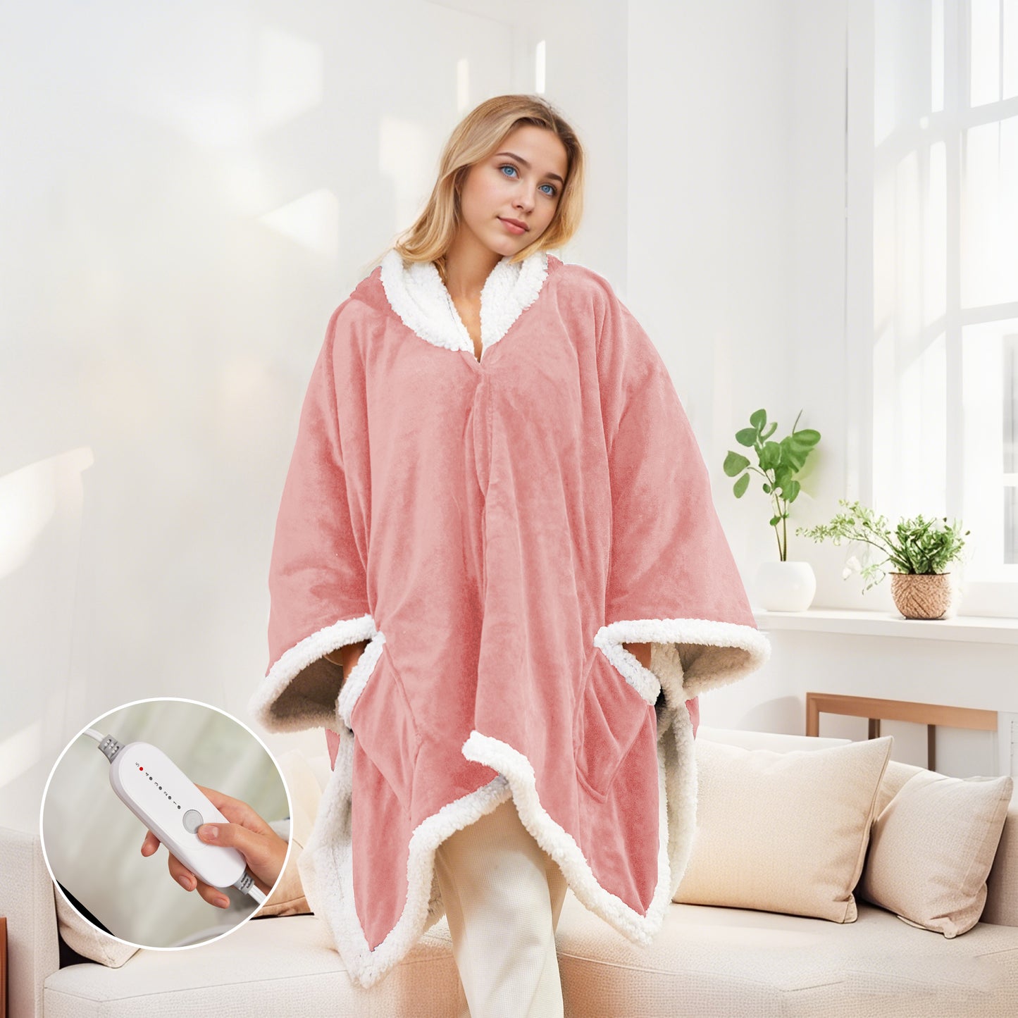 SUNNY HEAT Wearable Electric Heated Blanket 56"x63" , Soft Flanne & Cotton Fleecel,Warm and Cozy, Bed, Sofa,Travel Use,Light pink