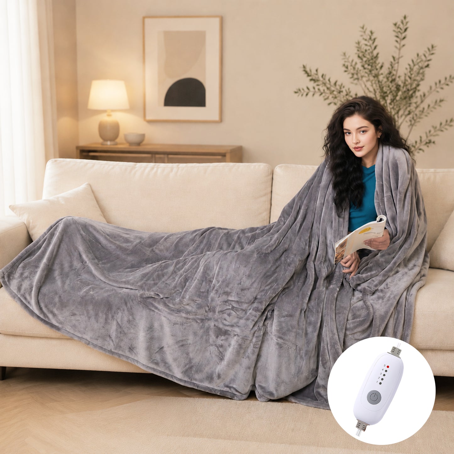 SUNNY HEAT Electric Heated Blanket Twin Size 62" x 84" Soft Flannel with 5 Levels Heating & 10Hs Auto off, Machine Washable, Light Gray