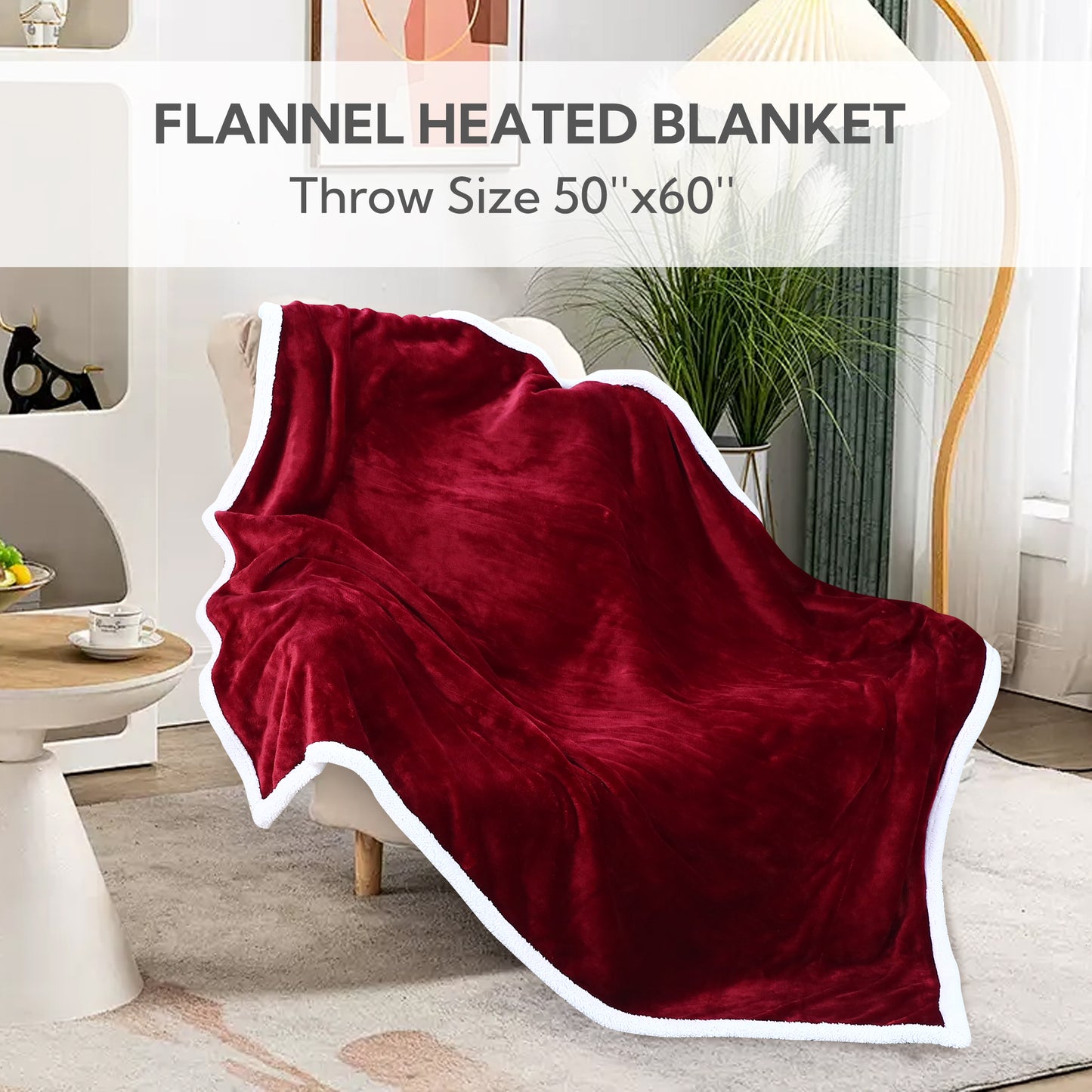 Electric Heated Blanket 50'' x 60'', Soft and Lightweight Flannel Electric Blanket, Red & White