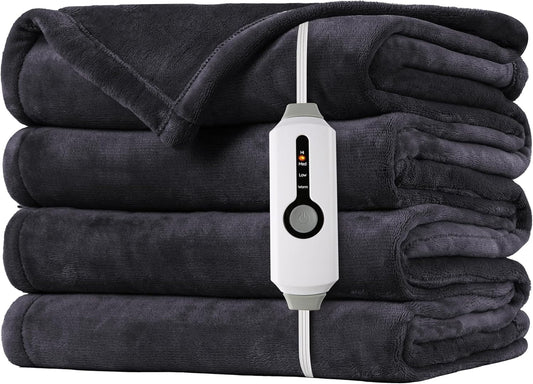 SUNNY HEAT Electric Heated Blanket Flannel King Size 90" x 100" Dual Control, 4 Heating Settings & 10 Hours Auto Off, Dark Grey