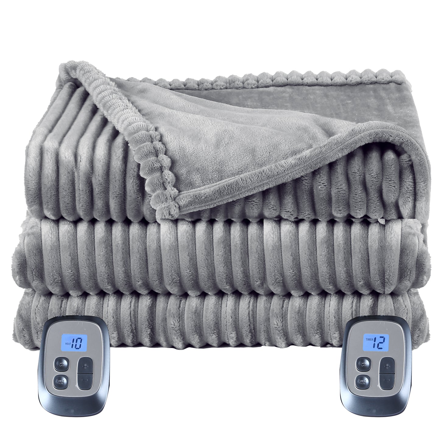 Heated Electric Blanket Ribbed Flannel 84"x90" Queen Size - 10 Heating Settings & 12 Hours Auto off, Quick Heating Washable - Grey