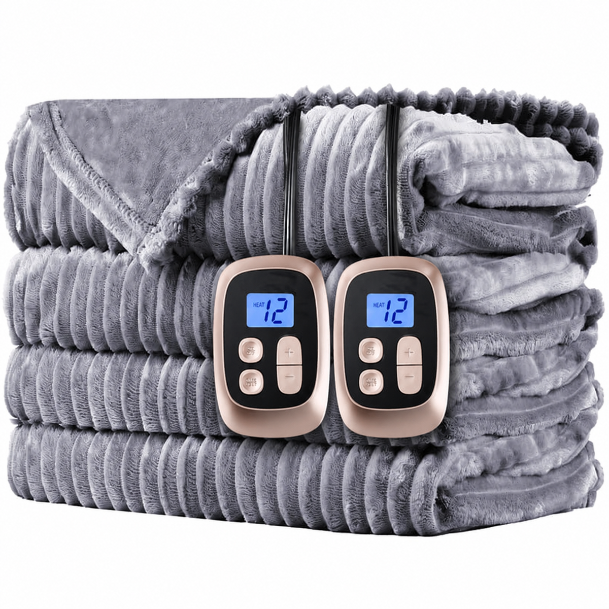 SUNNY HEAT Heated Electric Blanket Ribbed Flannel 84"x90" Queen Size - 10 Heating Settings & 2/4/6/8/10/12 Hours Auto off, Quick Heating Washable - Grey