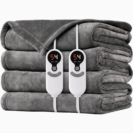 SUNNY HEAT Electric Blanket Heated Queen 84" x 90" -Fast Heating 9 Levels & 10H Auto off, Warm Soft Fannel Machine Washable, for Bed/Couch/Office, Light Grey