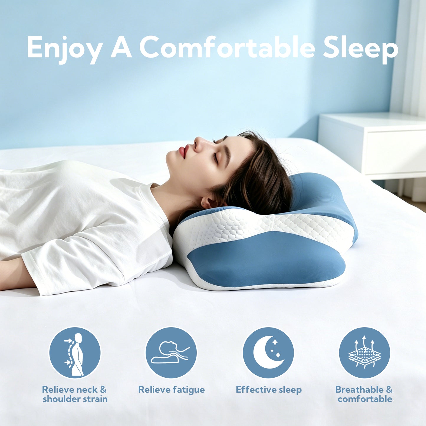 SUNNY HEAT Cervical Pillow for Neck Pain Relief, Orthopedic Memory Foam, Ergonomic Support for All Sleepers, Cooling & Washable Cover, Blue White