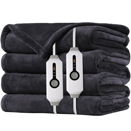 SUNNY HEAT Electric Heated Blanket Flannel Queen Size 84" x 90", 4 Heating Settings & 10 Hours Auto Off, Cozy Dual Control, Dark Grey