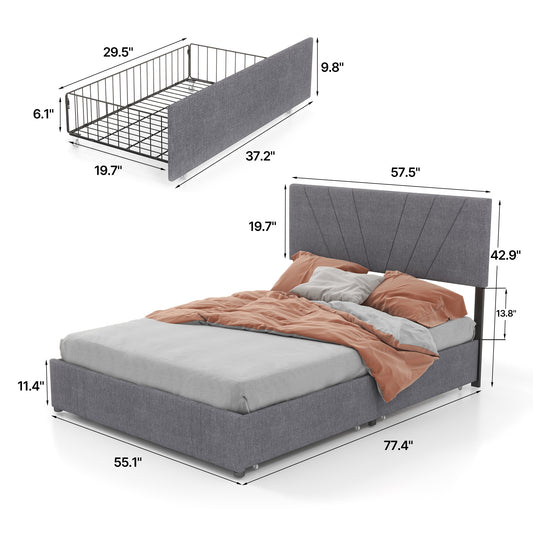 Full Size Bed Frame with Upholstered and 4 Storage Fixable Drawers, Adjustable Headboard, One-Box Packaging, No Box Spring Needed, Light Grey (Full)