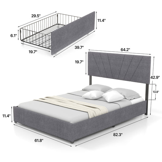 Queen Size Bed Frame with Upholstered and 4 Storage Fixable Drawers, Adjustable Headboard, One-Box Packaging, No Box Spring Needed, Light Grey (Queen)