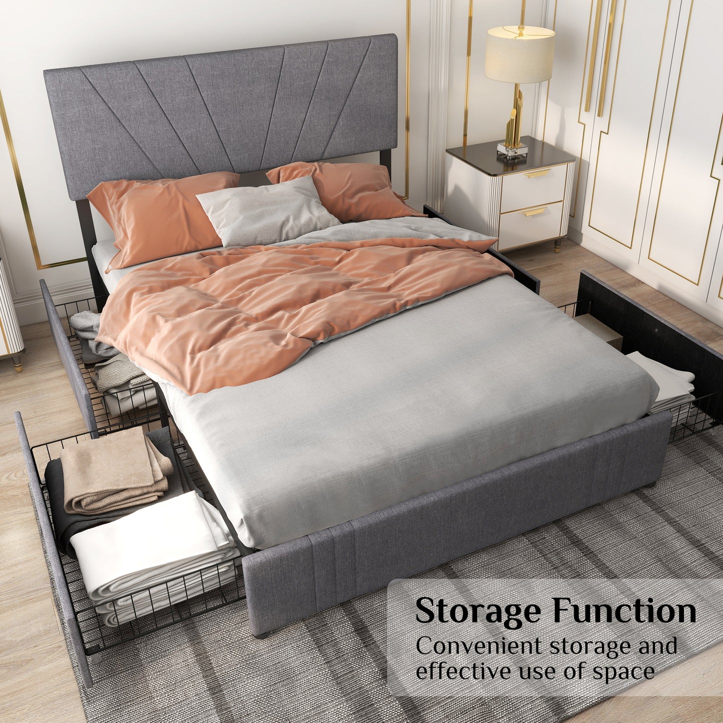 Full Size Bed Frame with Upholstered and 4 Storage Fixable Drawers, Adjustable Headboard, One-Box Packaging, No Box Spring Needed, Light Grey (Full)