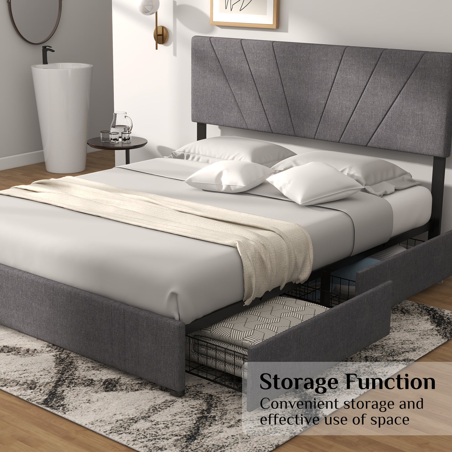 Queen Size Bed Frame with Upholstered and 4 Storage Fixable Drawers, Adjustable Headboard, One-Box Packaging, No Box Spring Needed, Light Grey (Queen)