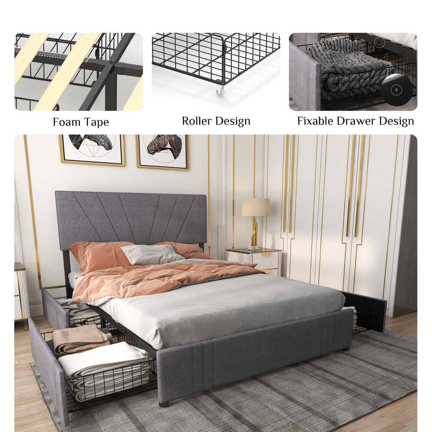 Full Size Bed Frame with Upholstered and 4 Storage Fixable Drawers, Adjustable Headboard, One-Box Packaging, No Box Spring Needed, Light Grey (Full)