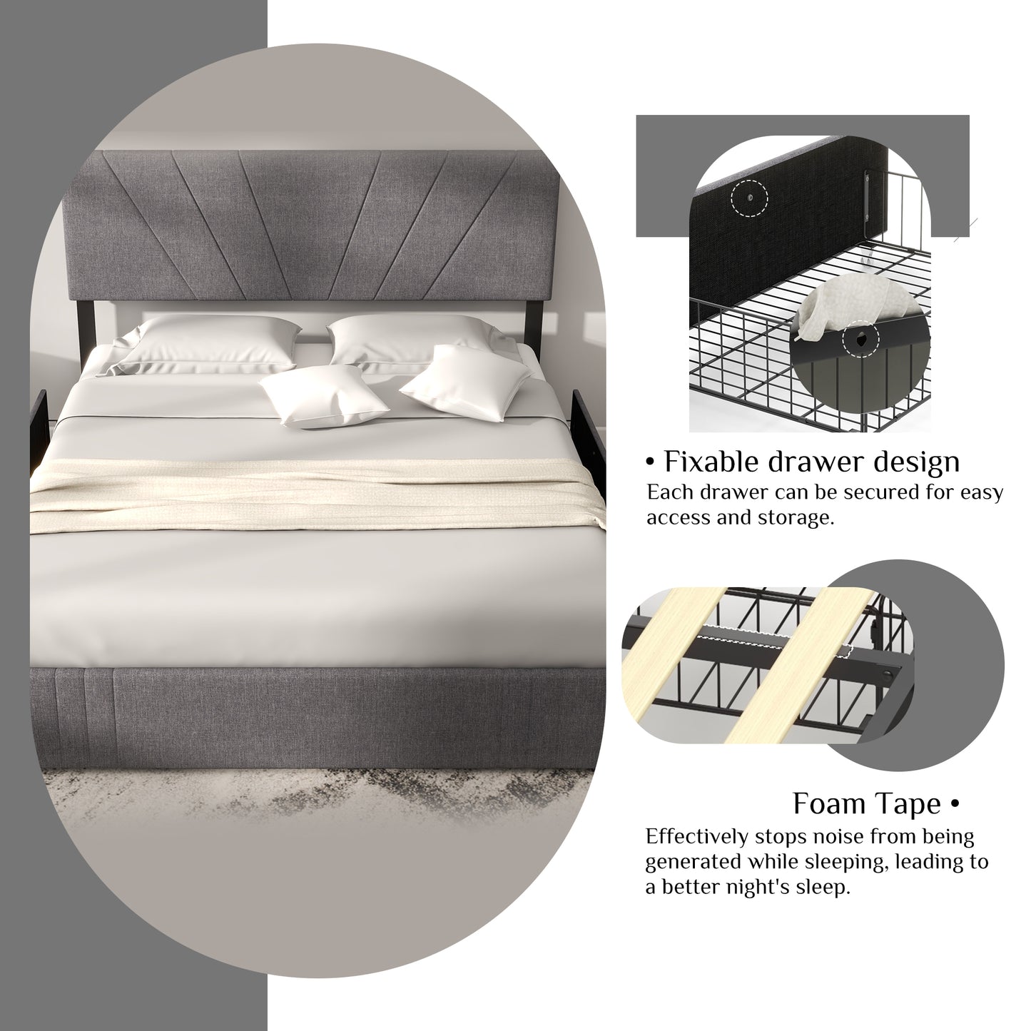 Queen Size Bed Frame with Upholstered and 4 Storage Fixable Drawers, Adjustable Headboard, One-Box Packaging, No Box Spring Needed, Light Grey (Queen)