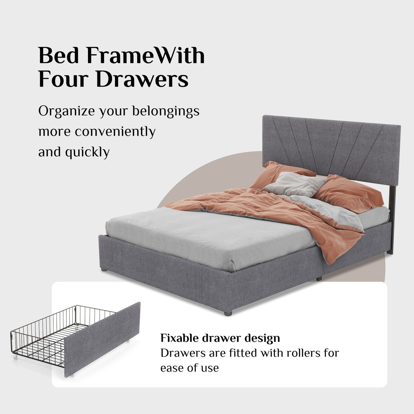 Full Size Bed Frame with Upholstered and 4 Storage Fixable Drawers, Adjustable Headboard, One-Box Packaging, No Box Spring Needed, Light Grey (Full)