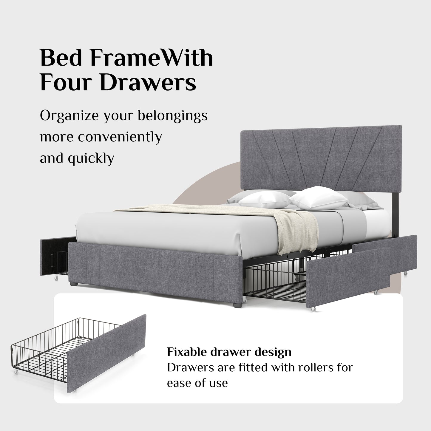 Queen Size Bed Frame with Upholstered and 4 Storage Fixable Drawers, Adjustable Headboard, One-Box Packaging, No Box Spring Needed, Light Grey (Queen)