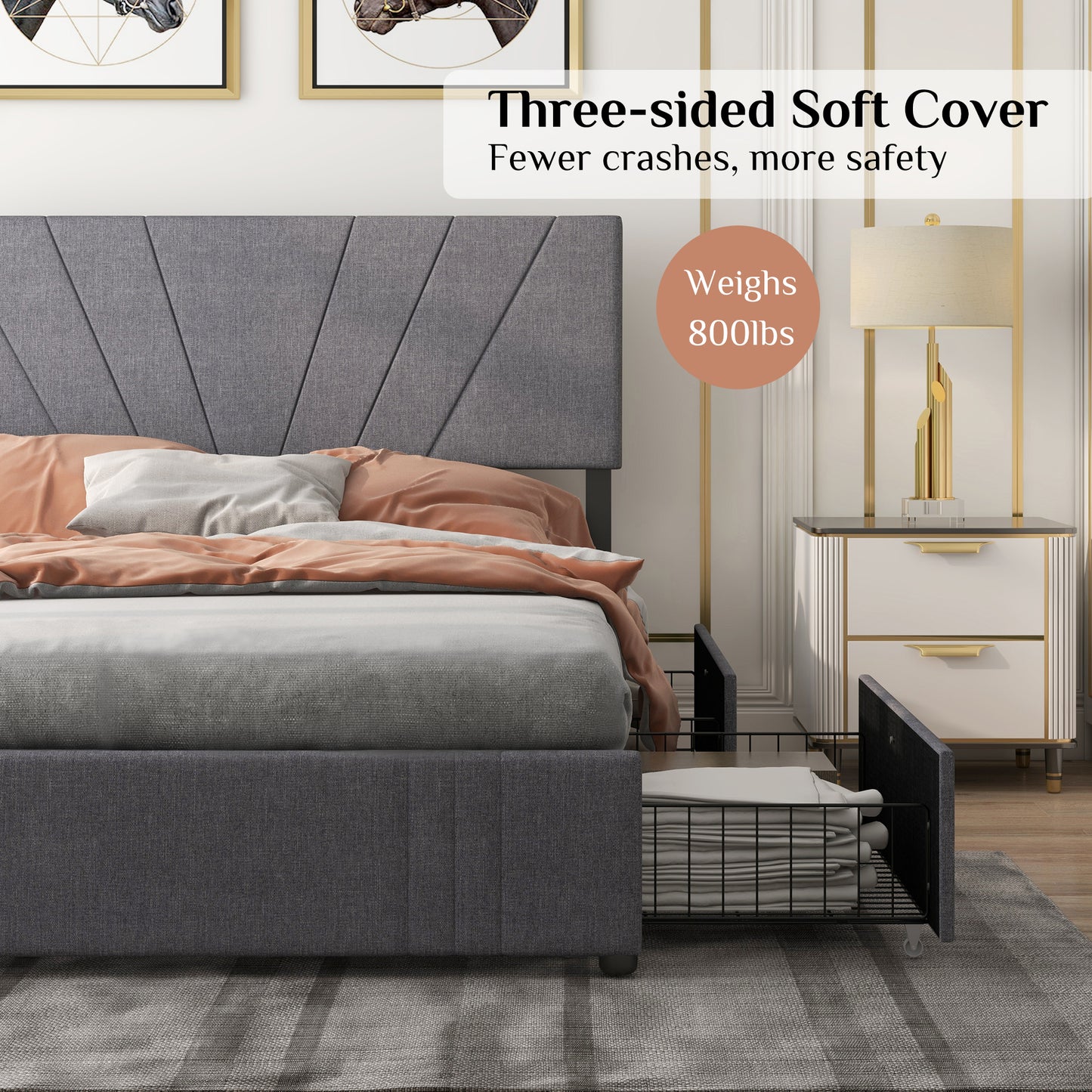 Full Size Bed Frame with Upholstered and 4 Storage Fixable Drawers, Adjustable Headboard, One-Box Packaging, No Box Spring Needed, Light Grey (Full)