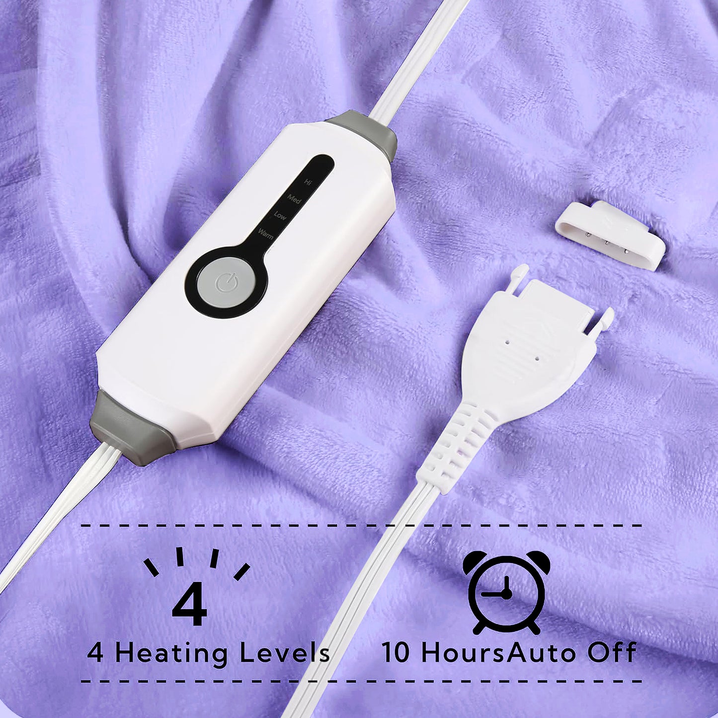 SUNNY HEAT Electric Heated Blanket Flannel King Size 90" x 100" Dual Control, 4 Heating Settings & 10 Hours Auto Off, Light Purple