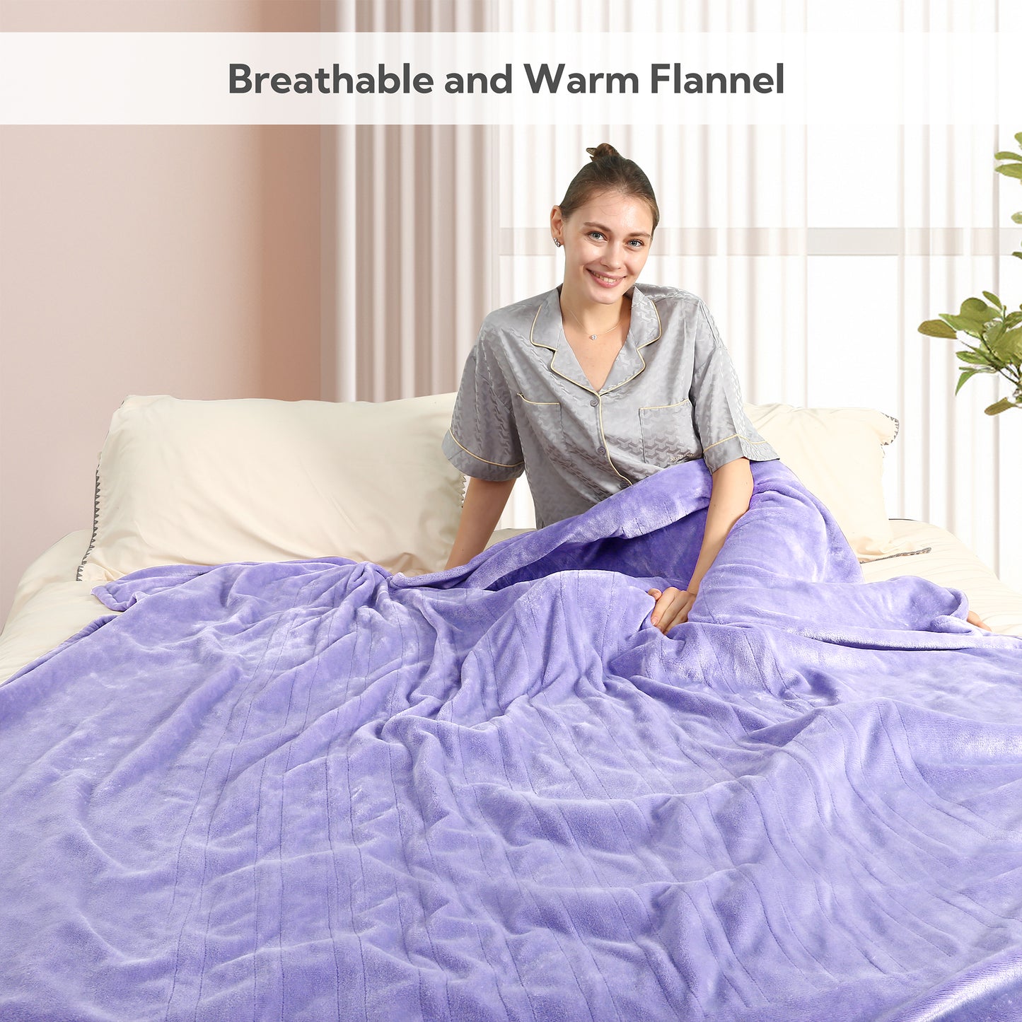 SUNNY HEAT Electric Heated Blanket Flannel King Size 90" x 100" Dual Control, 4 Heating Settings & 10 Hours Auto Off, Light Purple
