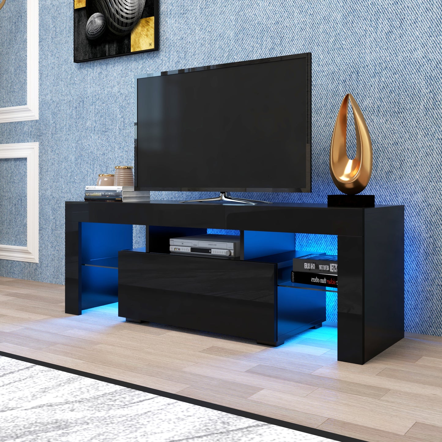 Black TV Stand with LED RGB Lights,Flat Screen TV Cabinet, Gaming Consoles - in Lounge Room, Living Room and Bedroom(Black)