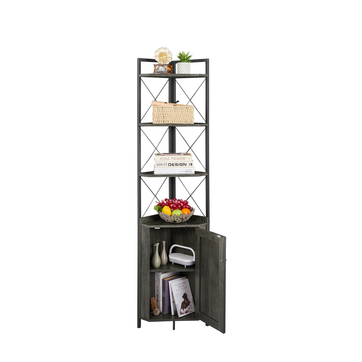 Corner Shelf 5-Tier with Storage，Corner cabinet Bookshelf Stand Storage Rack(Dark Grey)