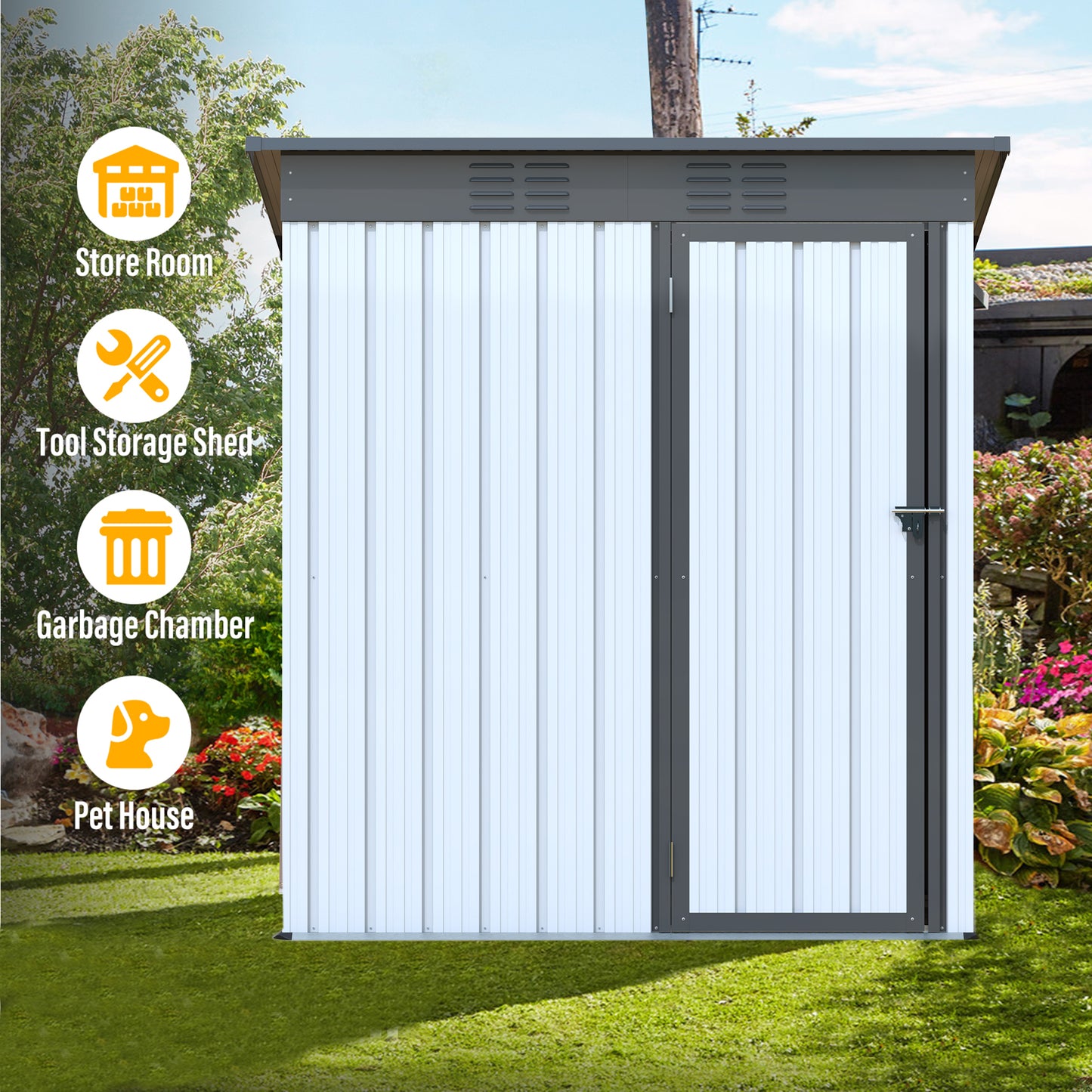 5 X 3 Ft Outdoor Storage Shed, Galvanized Metal Garden Shed With Lockable Doors, Tool Storage Shed For Patio Lawn Backyard Trash Cans