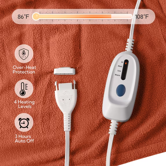 Electric Heated Blanket 72'' x 84'' Full Size Polar Fleece – Machine Washable, Fast Heating & Overheat Protection, Multi-Scenario Use, Orange
