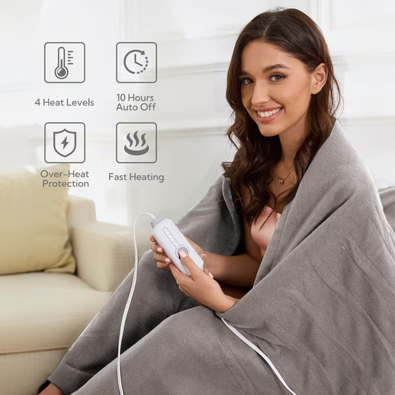 SUNNY HEAT Heated Electric Blanket Full Size 72''x84''- 4 Heat Levels & 10 Hours Auto-off, Fast Heating & Over-Heat Protection, Light Grey